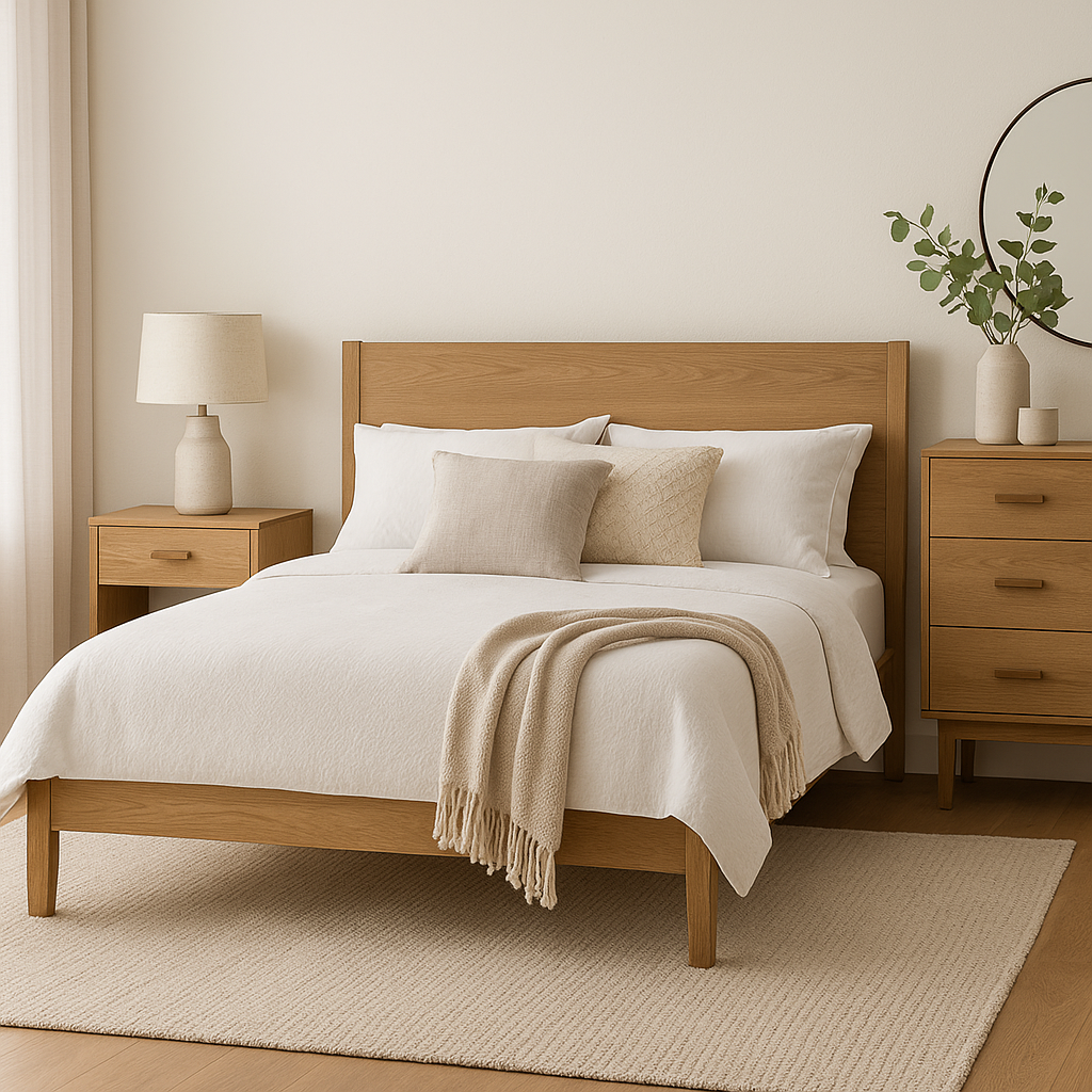 Minimal bedroom with timber bed, linen bedding, and bedside table – Nook & Grain.