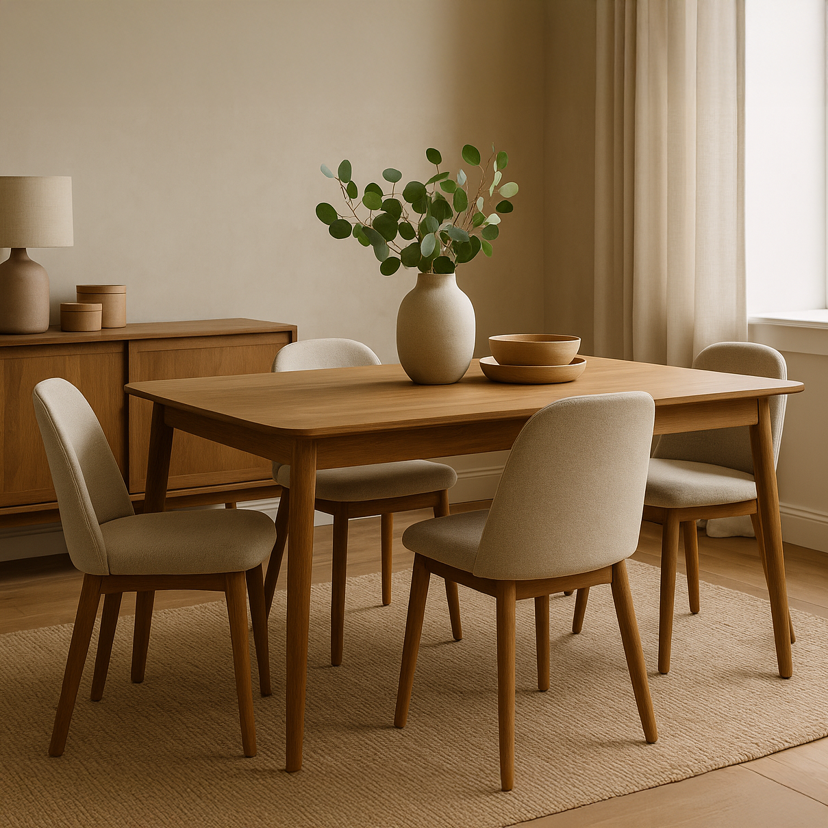 Oak dining table with upholstered chairs in a calm, modern rustic space – Nook & Grain.