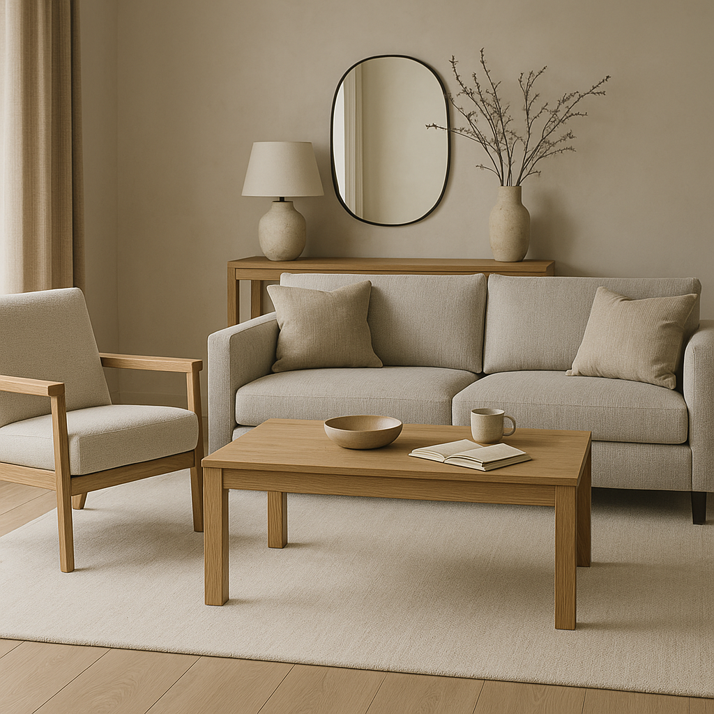 Modern rustic living room with linen sofa, oak coffee table, warm lighting – Nook & Grain.