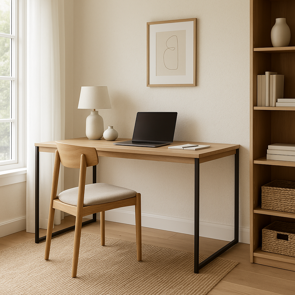 Home office with wood desk, chair, and shelves in warm neutral tones – Nook & Grain.