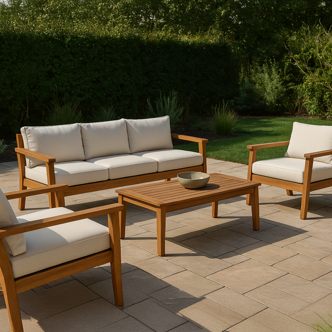 Outdoor seating set with wood table and cushions in a calm patio setting – Nook & Grain.