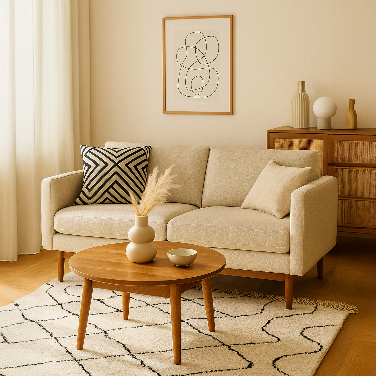 Neutral rug with ceramic lamp and oak side table in cozy living room – Nook & Grain.