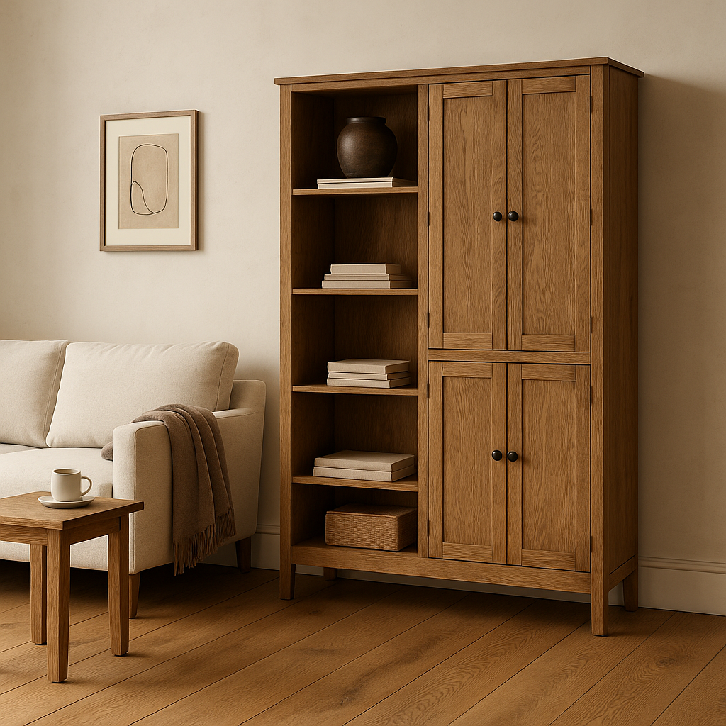 Oak sideboard with clean lines and styled shelving – Nook & Grain.