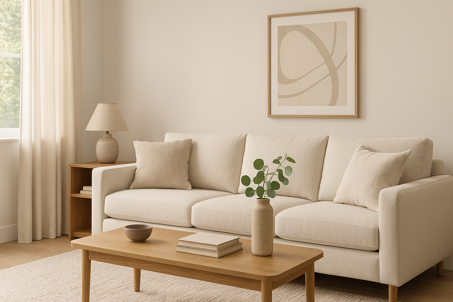 Modern rustic living room with a linen sofa, oak coffee table and soft natural lighting – Nook & Grain furniture.