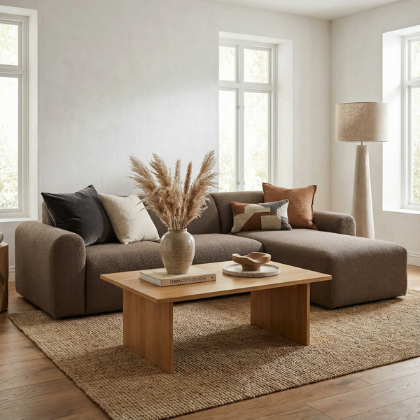 Modern living room with a brown sectional sofa, wooden coffee table, and decorative items.